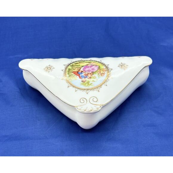 Vtg Porcelain Triangle Trinket Jewelry Box Courting Couple By Arnart Creation - Picture 4 of 9